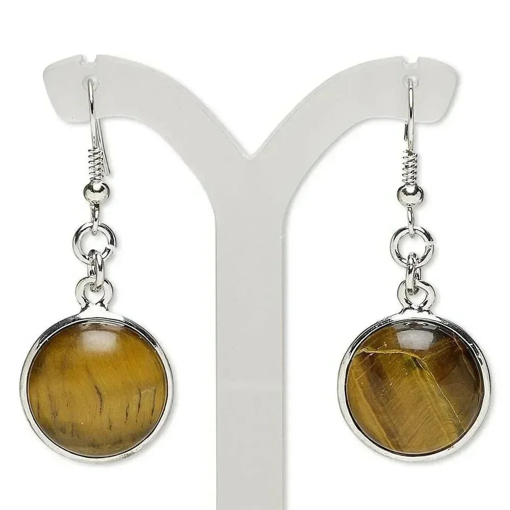 Handcrafted Natural Tigers Eye Gemstone Cabochon Silver Dangle Earrings